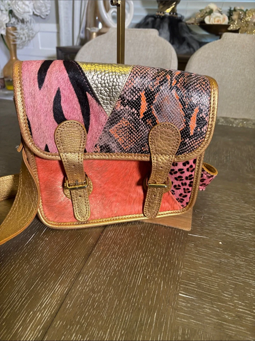 Paul Marius LaSacoche Leathe Gold-Trim Pink Patchwork Animal Print Crossbody Bag